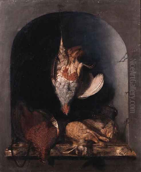 A trompe l'oeil a grey partridge hanging from a string on a nail before a stone niche with dead grouse, a rabbit, black game and a hunting bag Oil Painting by Cornelis van Lelienbergh