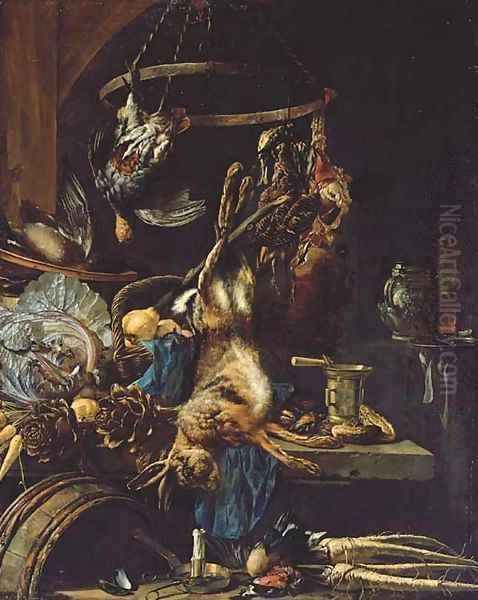 A hare, a duck and a partridge with a wicker basket of pears, a cabbage, parsnips, artichokes on a stone ledge in a kitchen interior Oil Painting by Cornelis van Lelienbergh