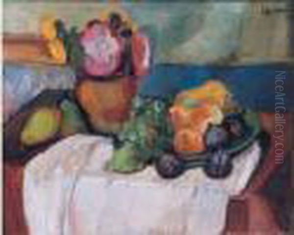 Nature Morte Aux Fleurs Et Fruits Sur Une Nappe Blanche Oil Painting by Henri Epstein