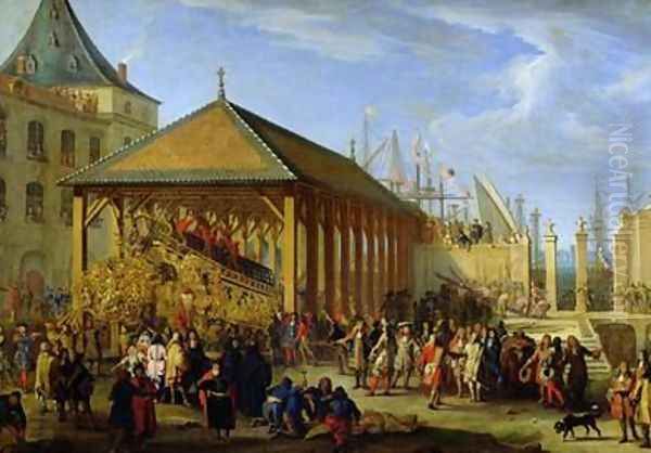 Jean Baptiste Colbert 1651-90 Marquis de Seignelay and Louis Victor de Rochechouart 1636-88 Duc de Vivonne Visiting the Galleon Reale de France in the Arsenal of Marseilles in 1669 Oil Painting by Jean Baptiste I de La Rose