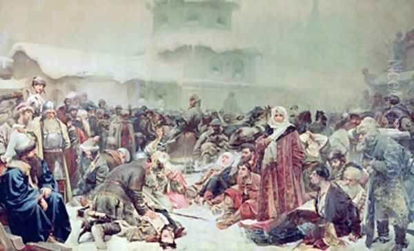 Destruction of Novgorod by Tsar Ivan III 1440-1505 Oil Painting by Klavdiy Vasilievich Lebedev