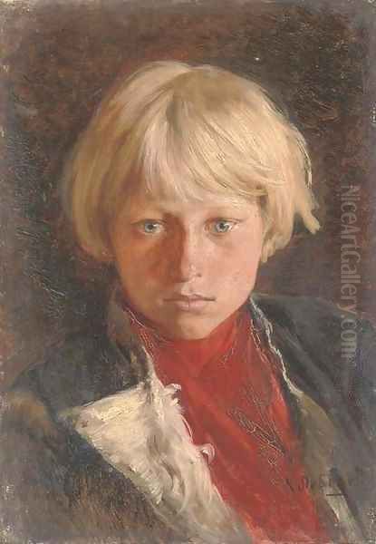 Portrait of young boy with blond hair Oil Painting by Klavdiy Vasilievich Lebedev