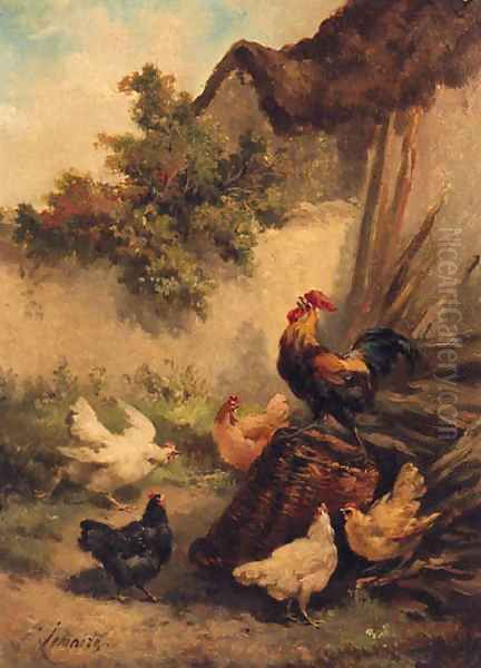 Roosters And Chickens In A Farmyard Oil Painting by Louis Marie Lemaire