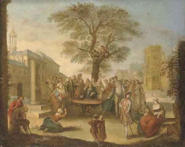 A meeting in a town square Oil Painting by Nicolas Lancret