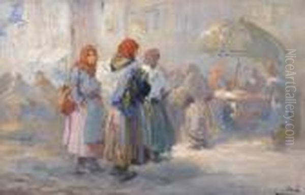 Market Scene Oil Painting by Erno Erb