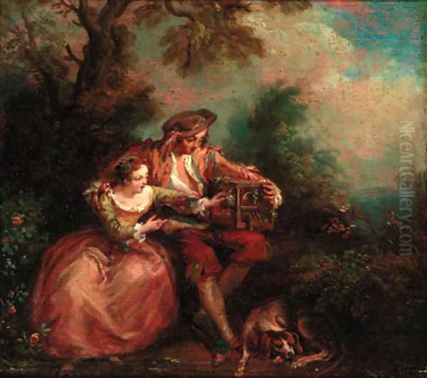 An elegant couple with a caged bird in a landscape Oil Painting by Nicolas Lancret