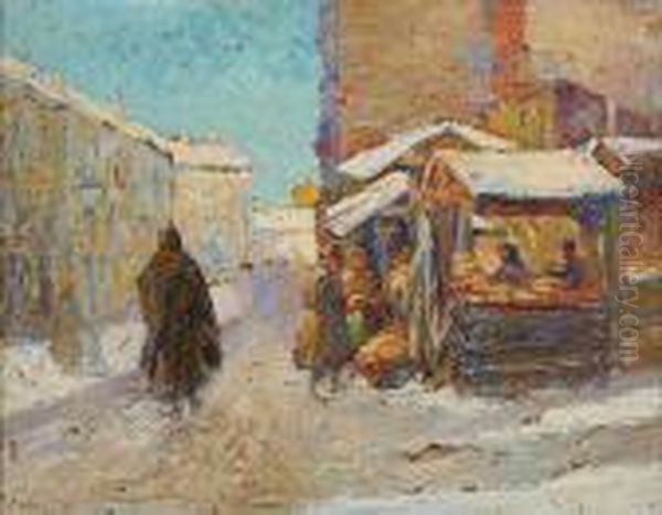 Markets In The Snow Oil Painting by Erno Erb