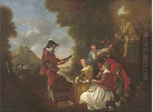 Elegant company in a landscape with a gentleman making music Oil Painting by Nicolas Lancret