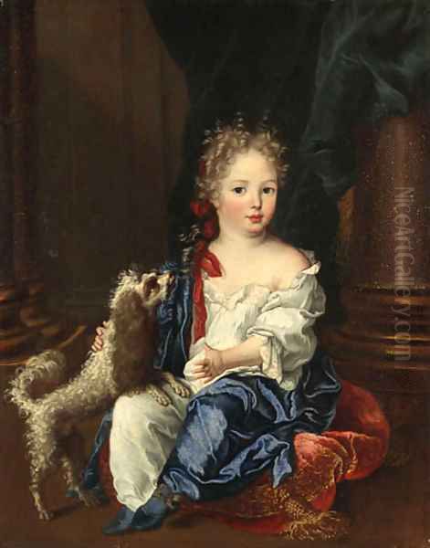 Portrait of a girl with a poodle, full-length, seated, in a white chemise and blue shawl Oil Painting by Largilliere, Nicholas de