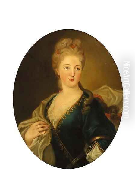 Portrait of a lady, half-length, in a blue dress and white wrap Oil Painting by Largilliere, Nicholas de