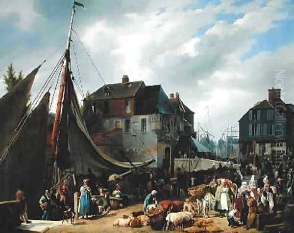 Loading Livestock onto the Passager in the Port of Honfleur Oil Painting by Auguste-Xavier Leprince