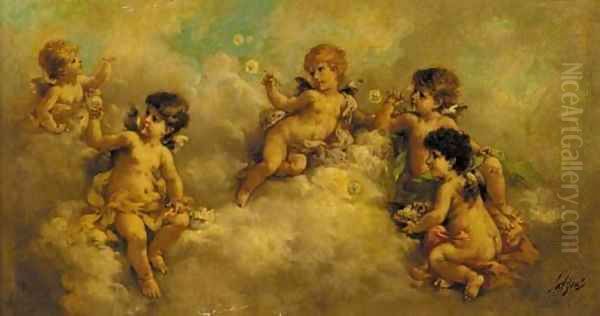 Putti blowing bubbles in the clouds Oil Painting by Charles Augustus Henry Lutyens