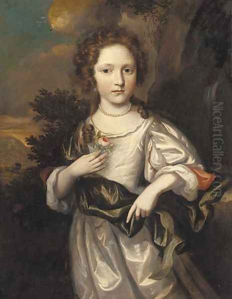 Portrait of a young girl, three-quarter-length, in a white dress with a green shawl, a rose in her right hand, a view to a wooded landscape beyond Oil Painting by Regnier de La Haye