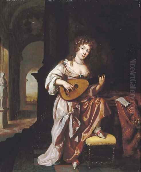 An elegant lady playing the lute, seated by a draped table, a terrace beyond Oil Painting by Regnier de La Haye