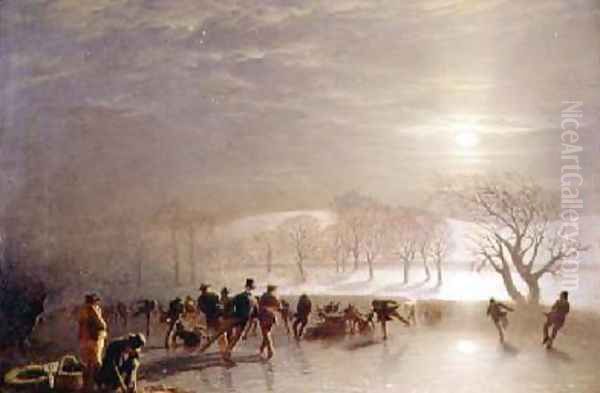 Skaters Duddingston Loch by Moonlight Oil Painting by Charles Lees