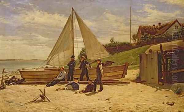 Fisherfolk by a beached sailing vessel Oil Painting by Frederick Christian Lund