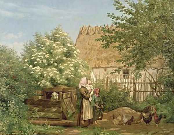 Feeding the Chickens Oil Painting by Frederick Christian Lund