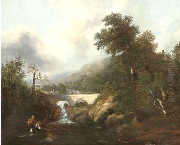 Anglers before a waterfall and bridge Oil Painting by Richard Hume Lancaster