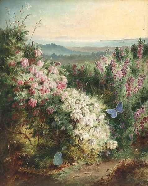 An extensive spring landscape with heather in bloom and butterflies Oil Painting by George Lucas