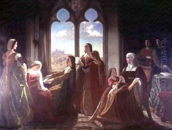 Queen Isabella presiding over the education of her sons 1864 Oil Painting by I. Lozano