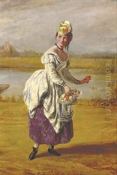 A young girl picking flowers beside a river Oil Painting by John Templeton Lucas