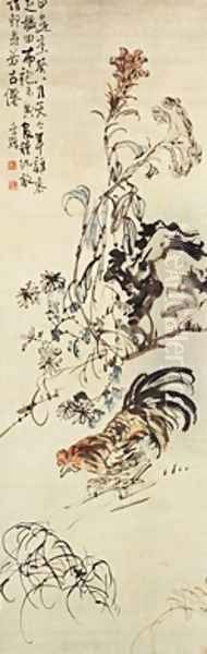 A Chicken Cockscomb and Chrysanthemum handscroll inscribed with a poem Oil Painting by Shan Li