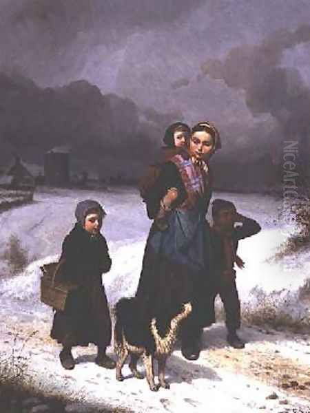 Mother and Children in the Snow Oil Painting by Louis Simon Lassalle