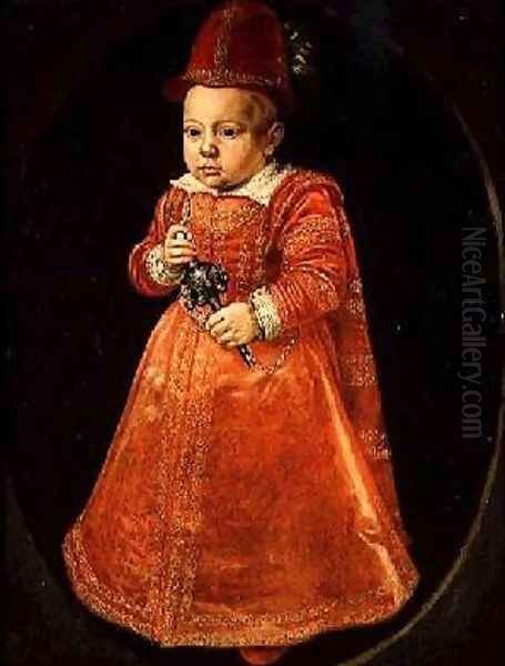 Portrait of a Child with a Rattle 1600 Oil Painting by Adriaen van der Linde