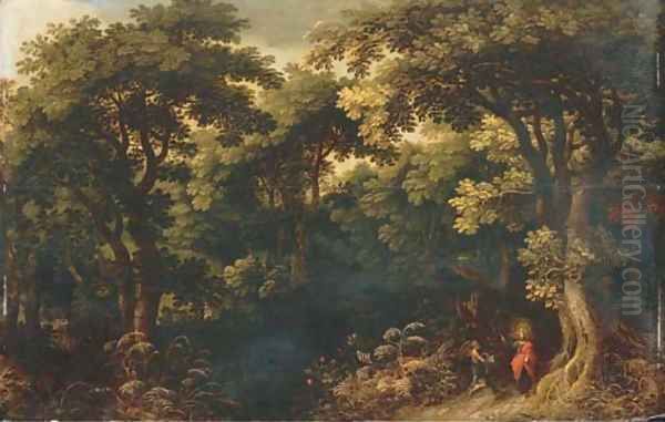 A wooded landscape with Christ tempted by the Devil Oil Painting by Jasper van der Lanen