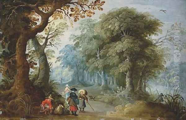 A wooded landscape with travellers on a track Oil Painting by Jasper van der Lanen