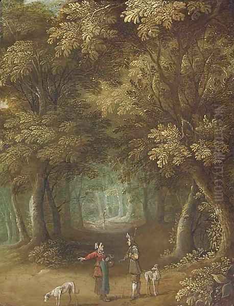 A wooded landscape with travellers on a path Oil Painting by Jasper van der Lanen