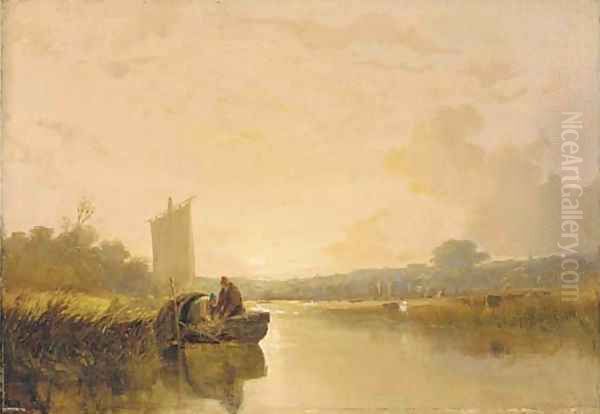 Evening on the river Yare at Whitlingham, with figures in a boat in the foreground, Norwich Castle and Cathedral beyond Oil Painting by Thomas Lound