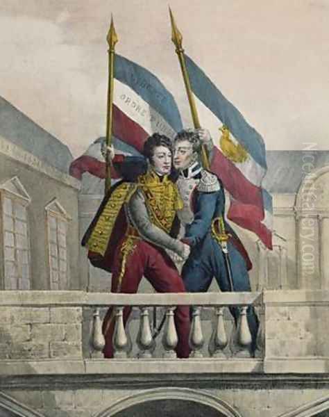 The Duke of Orleans embracing General La Fayette and raising the national colours on the terrace of the Palais Royal Oil Painting by Labastide