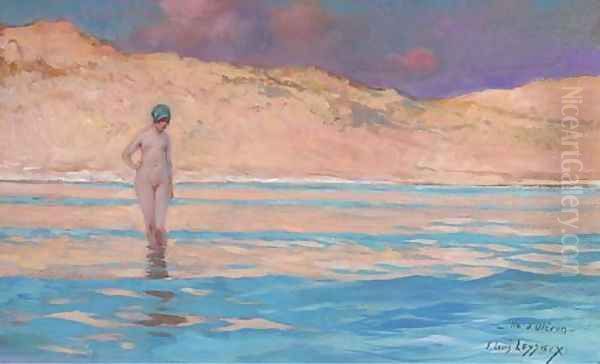 A young beauty paddling by the dunes, The Ile d' Oleron Oil Painting by Ernest Louis Lessieux