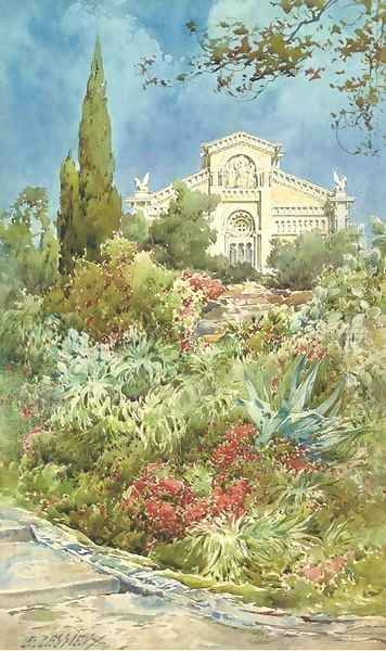 Exotic blooms by the church steps Oil Painting by Ernest Louis Lessieux