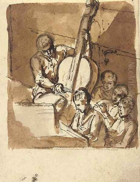 Musicians playing the double bass, flute and keyboard, and singing Oil Painting by Etienne de Lavallee-Poussin