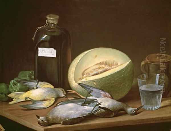 Still Life with Melon and Birds Oil Painting by Jose Lopez-Enguidanos