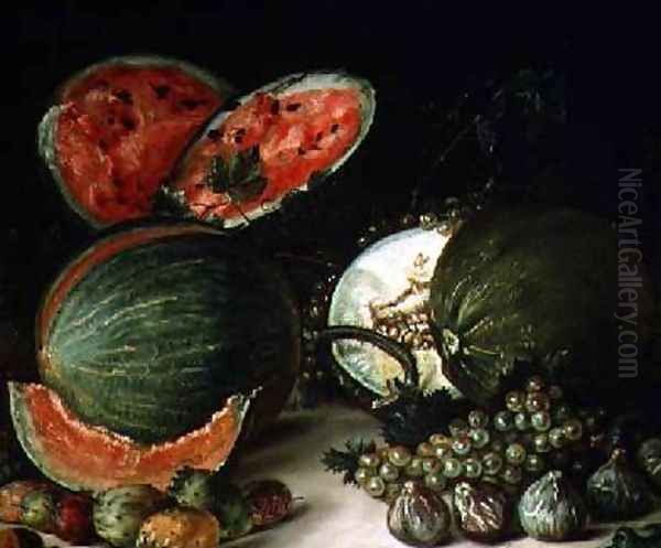 Still Life with Water Melons Oil Painting by Jose Lopez-Enguidanos