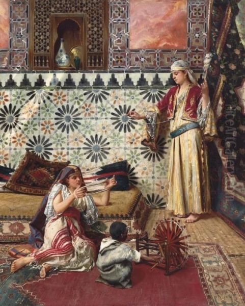 Spinning Yarn In The Harem Oil Painting by Rudolph Ernst