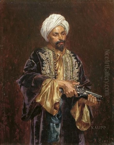 Kniestuck Eines In Reich 
Verzierte Orientalische Kleidung Gewandeten Mannes Mit Weisem Turban, 
Seine Pistole Haltend. Oil Painting by Rudolph Ernst