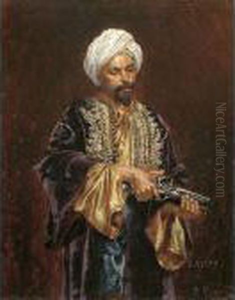 Kniestuck Eines In Reich 
Verzierte Orientalische Kleidunggewandeten Mannes Mit Weisem Turban, 
Seine Pistole Haltend Oil Painting by Rudolph Ernst