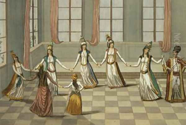 Dance that is fashionable with the Greek women of Constantinople led by the woman holding a handkerchief Oil Painting by Leonardis, Giacomo