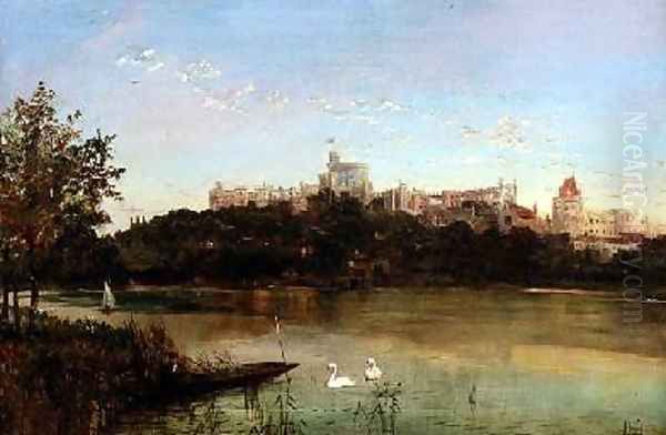 Figures in a Punt and Swans on the Thames with Windsor Castle in the background Oil Painting by J. Lewis