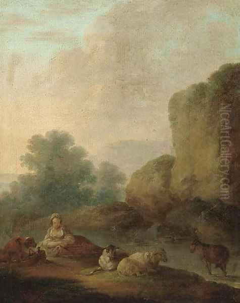 A river landscape with a shepherdess resting with her flock Oil Painting by (attr.to) Loutherbourg, Philip James de