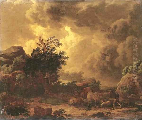 A stormy landscape with a herdsman on a rocky path Oil Painting by (attr.to) Loutherbourg, Philip James de