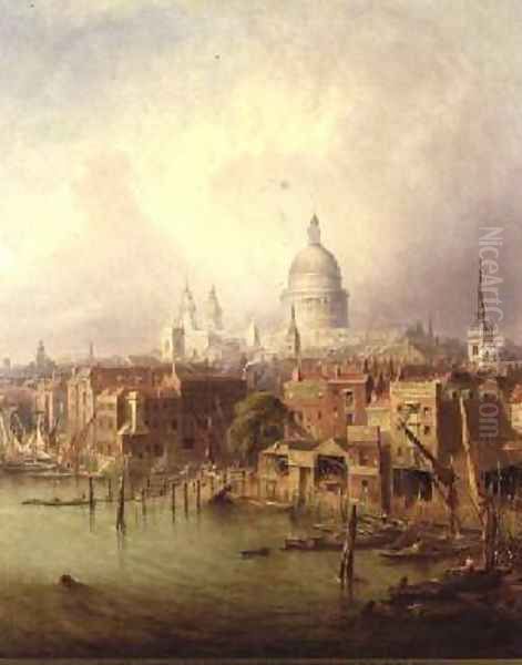 Queenhithe - St Pauls in the distance 1860 Oil Painting by F. Lloyds