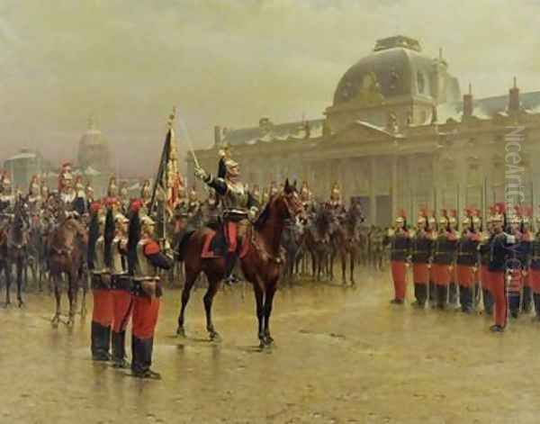 Colonel de La Rochetulon Presenting to the Recruits of the 6th Cavalry the Standard of the Regiment in January 1887 1887 Oil Painting by Louis Auguste Georges Loustaunau