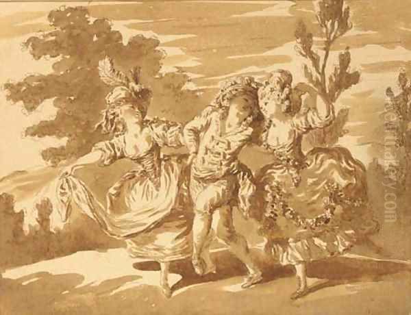 Two women dancing with a comedian in a landscape Oil Painting by Pierre Lelu