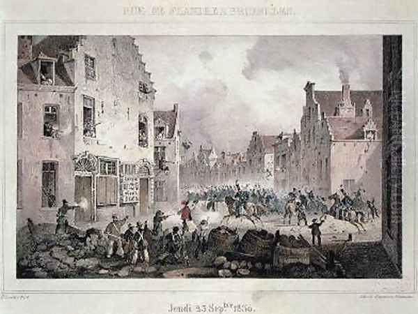 Fighting and Barricades in the Rue de Flandre Brussels Oil Painting by Lauters, Paulus