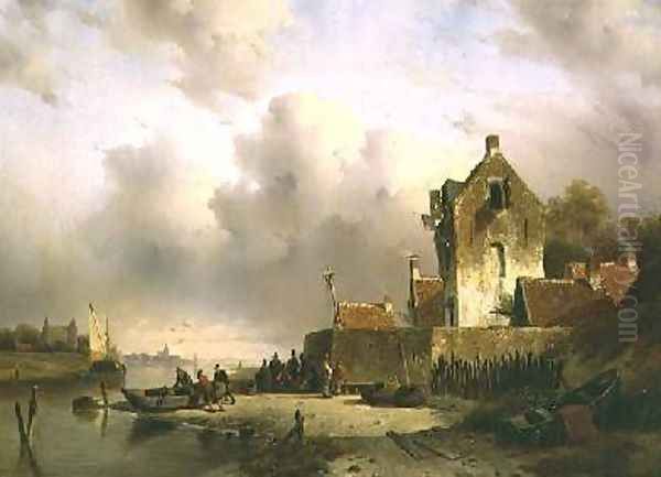 An estuary with fisherfolk by a quay Oil Painting by Charles Henri Joseph Lieckert